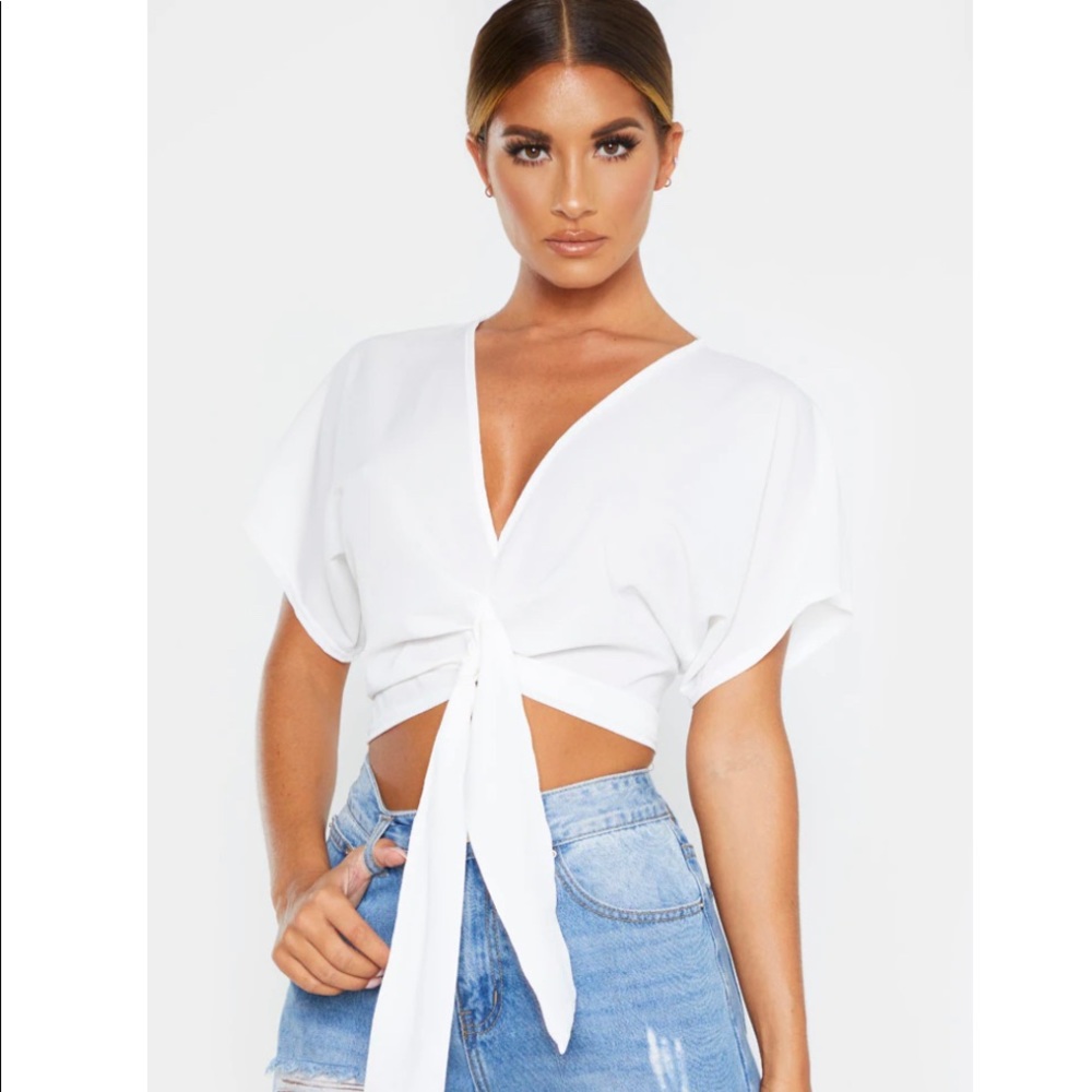 White tie front deep-v blouse